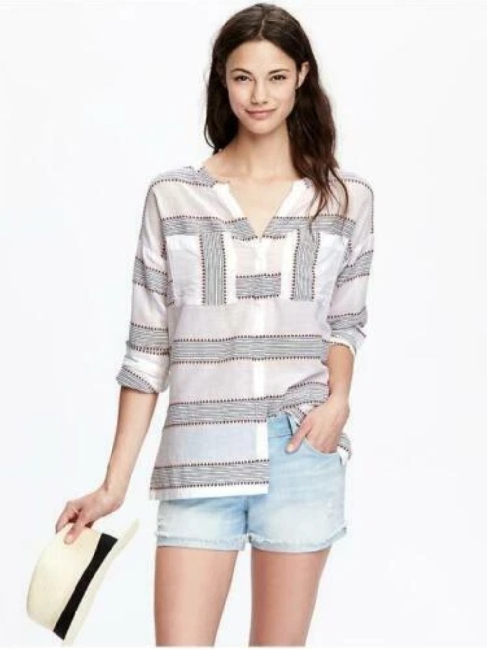 Old Navy Black & White Striped Peasant Top